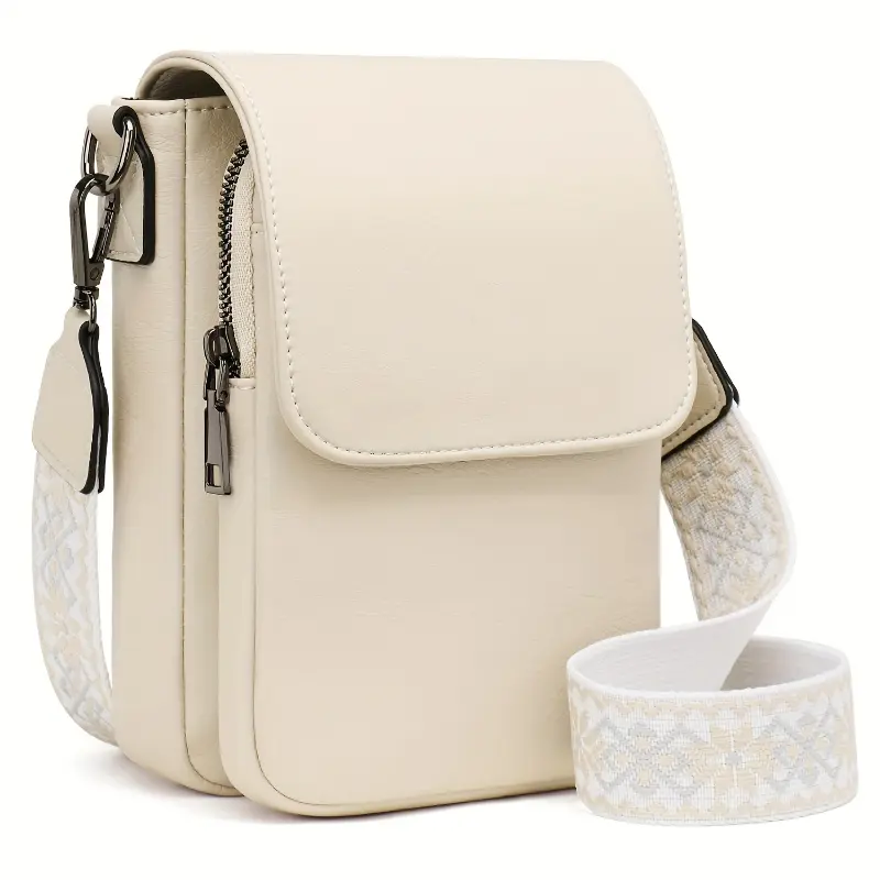 Stylish Women's Crossbody Bag with Adjustable Geometric Print Wide Strap, Multifunctional Phone Purse in Beige - Compact Design with Zipper Closure and Polyester Lining, Versatile Shoulder Bag | Stylish Strap Design | Detachable Strap Purse