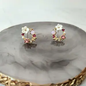 #571 Spring Wreath with White Flower, Golden Butterfly, Faux Pearls, Various Pink & Clear Rhinestones Stud Earrings, Casual, Everyday Spring Jewelry, Alloy
