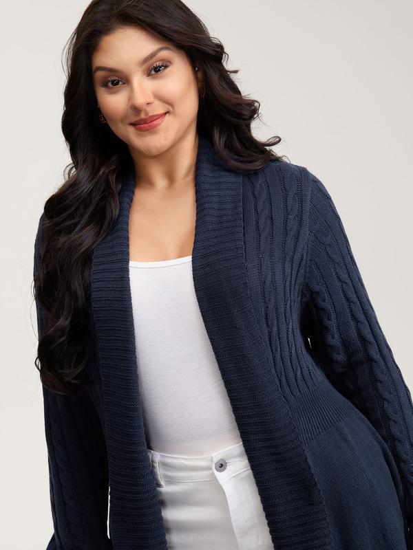 BLOOMCHIC Indigo Cable Knit Cinched-Flared Waist Knit Cardigan with Long Sleeves and Kimono Collar for Timeless Style Fit Knitting Knitwear Women Womenswear