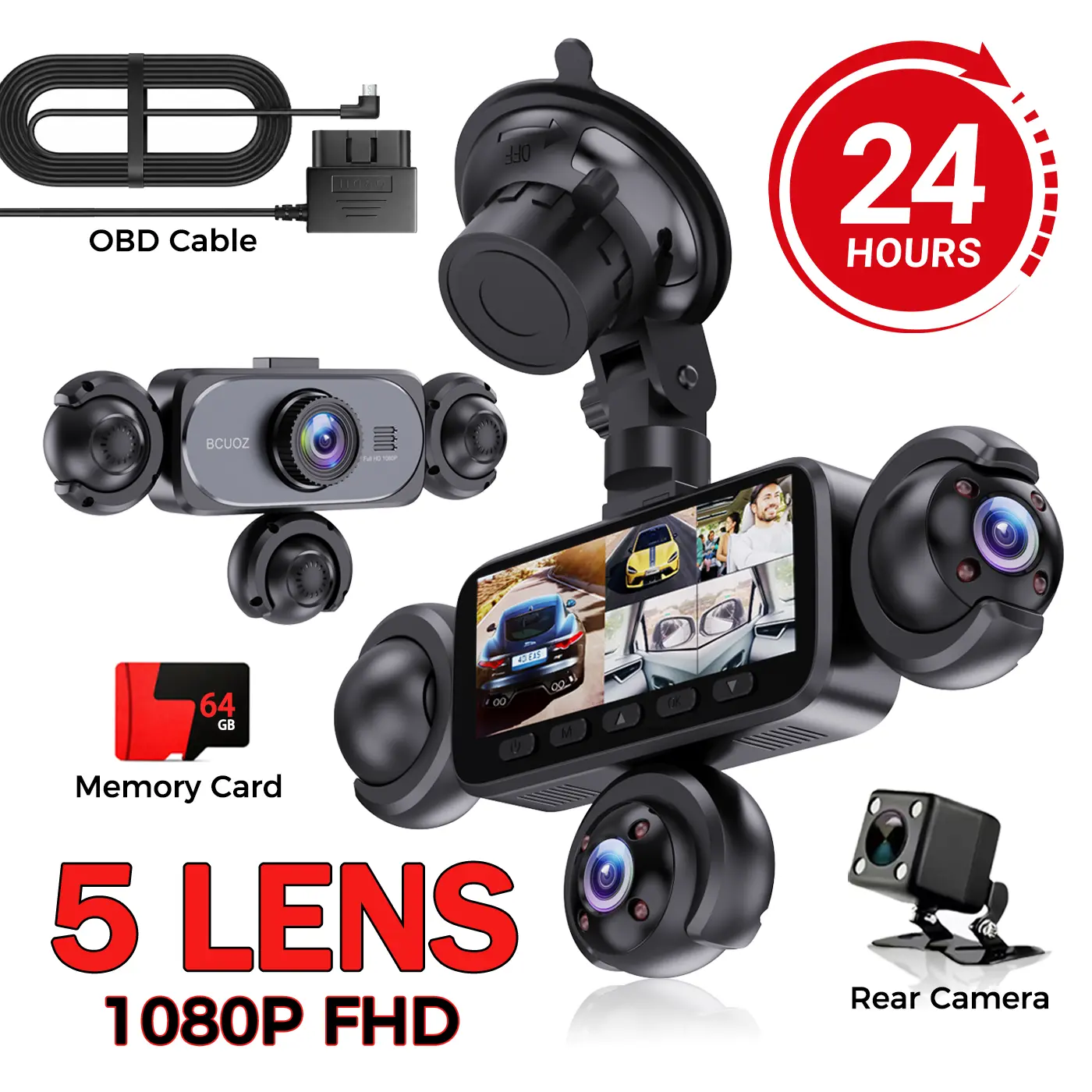 360° Panoramic 1080P Dash Cam Kit, featuring a 1080P front camera and 720P rear, left, right, and in-car cameras, a 3.16-inch split-screen display, superior night vision, 24-hour parking monitoring, and a free 64GB memory card. #SummerVibes
