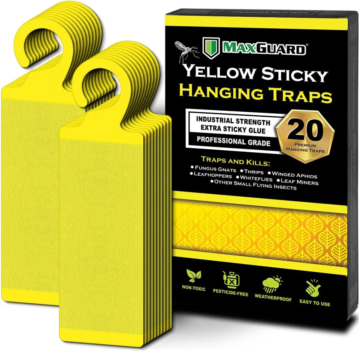 MaxGuard Yellow Sticky Hanging Traps (20 Pack) - Indoor/Outdoor Pest Control Glue Traps for Catching Fungus Gnats, Whiteflies, Mosquitoes, Aphids