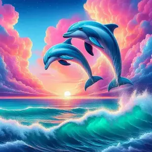 5D DIY Full Drill Round Diamond Painting - Diamond Art Painting Kit Dolphins, Waves, Sunset Mosaic, Canvas - DIY Decor, Home Wall Art, Suitable for Halloween, Christmas, Birthday, and Anniversary Gifts.