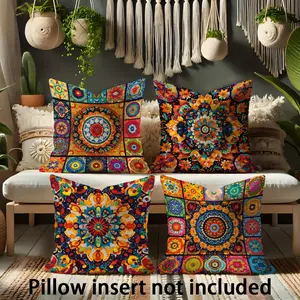 Bohemian Style Mandala Flower Pillow Covers Set, 4pcs Decorative Throw Pillows, 45x45cm, Short Plush Material, Hidden Zipper, Cushion Slipcovers