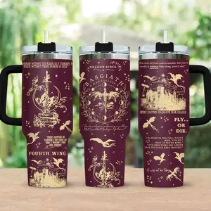 Fourth Wing Basgiath Dragon Rider Burgundy 40oz Tumbler, Fantasy Novel Fan Gift Cup, Bookish Tumbler Gift with handle and straw