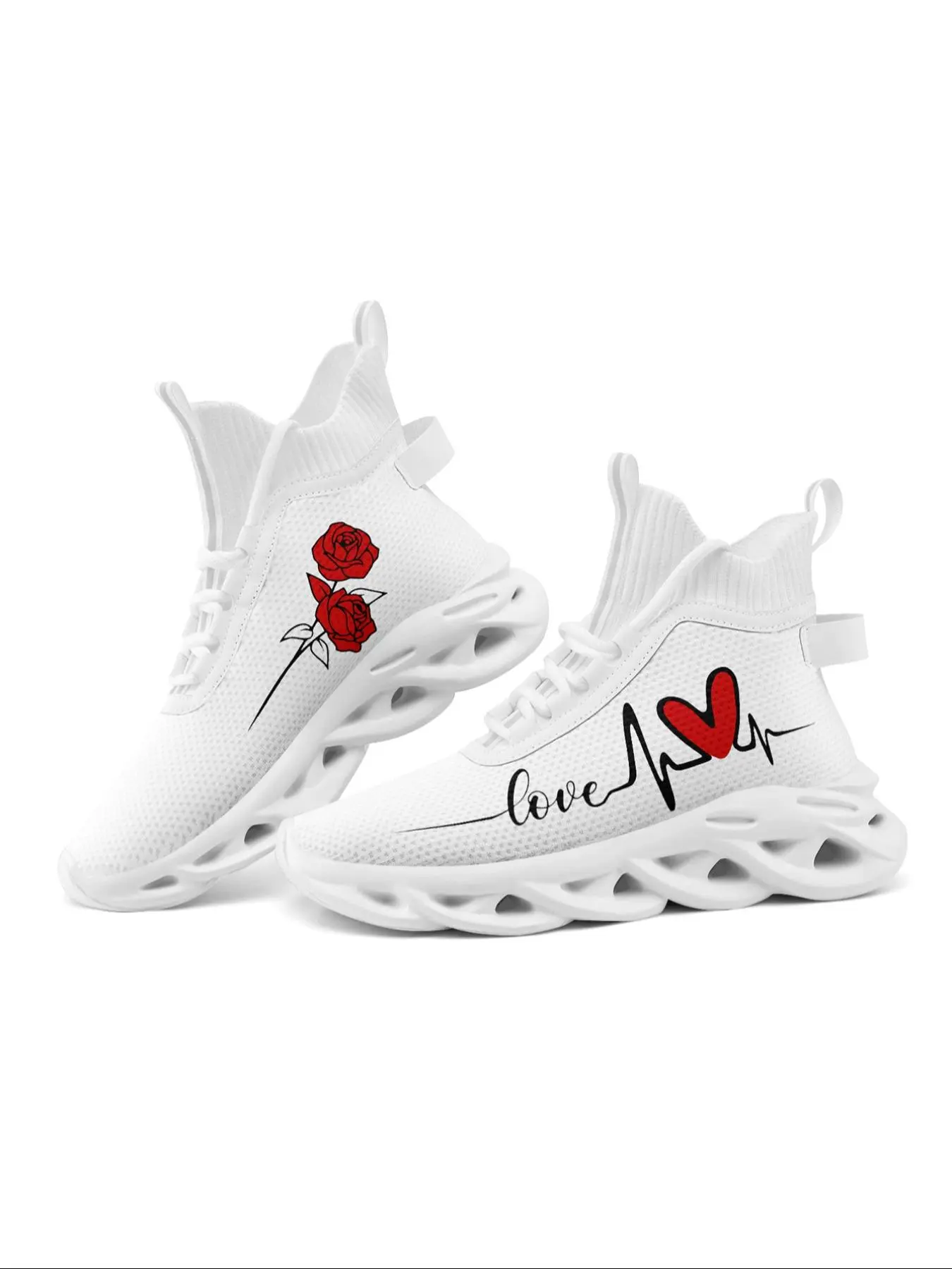 Women's Fashionable Rose & Heartbeat Pattern Lace Up Sneakers, Casual Comfortable Breathable Sports Running Shoes, All-match Round Toe Shoes for Daily Wear, Athletic Running Shoes