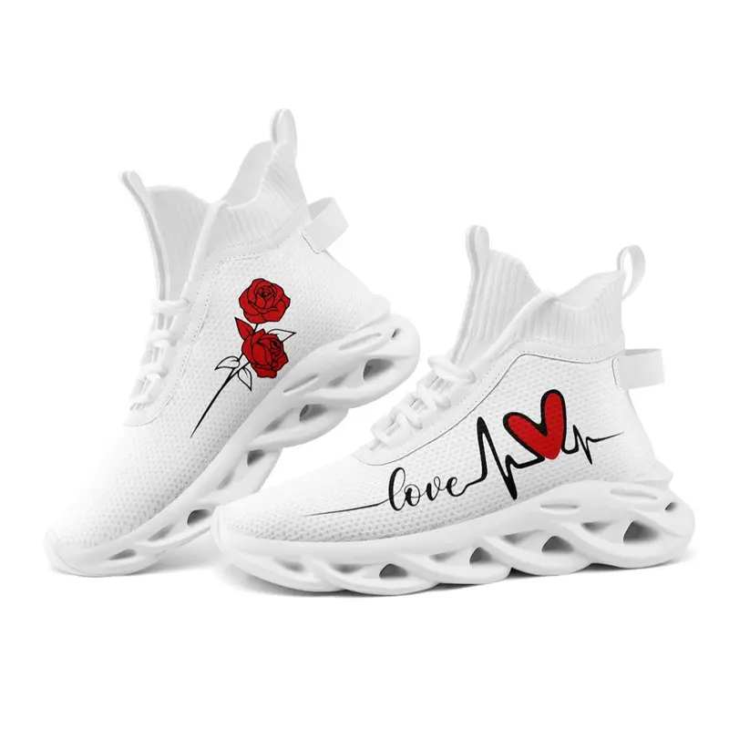 Women's Fashionable Rose & Heartbeat Pattern Lace Up Sneakers, Casual Comfortable Breathable Sports Running Shoes, All-match Round Toe Shoes for Daily Wear, Athletic Running Shoes