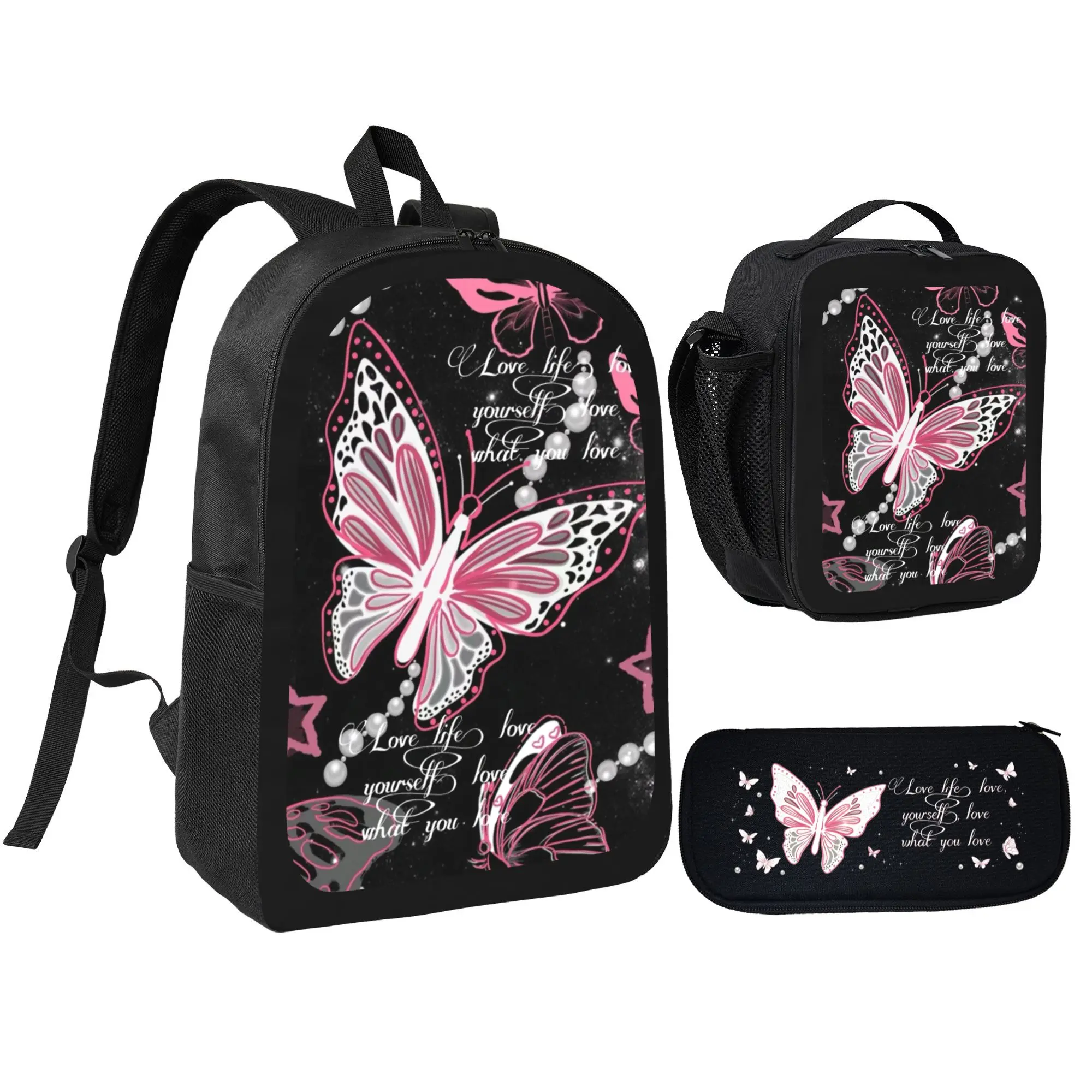 “Love Yourself” Print 17-Inch 3-Piece Daypack Set – Casual School Backpack with Lunch Bag & Pencil Case, Reinforced Stitches, Side Pocket & Breathable Shoulder Straps