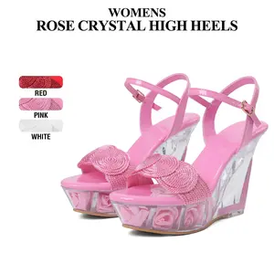 CYNLLIO Womens Rose Crystal High Heels Stylish Y2K Braided Straps Open Rounded Toe Ankle Strap Slip On Clear Flower Detail Transparent Wedge Platform Sandal Comfy Fashion Elegant Wedding Party Casual Spring Summer Pleasers Stripper Heel Deals For You Days