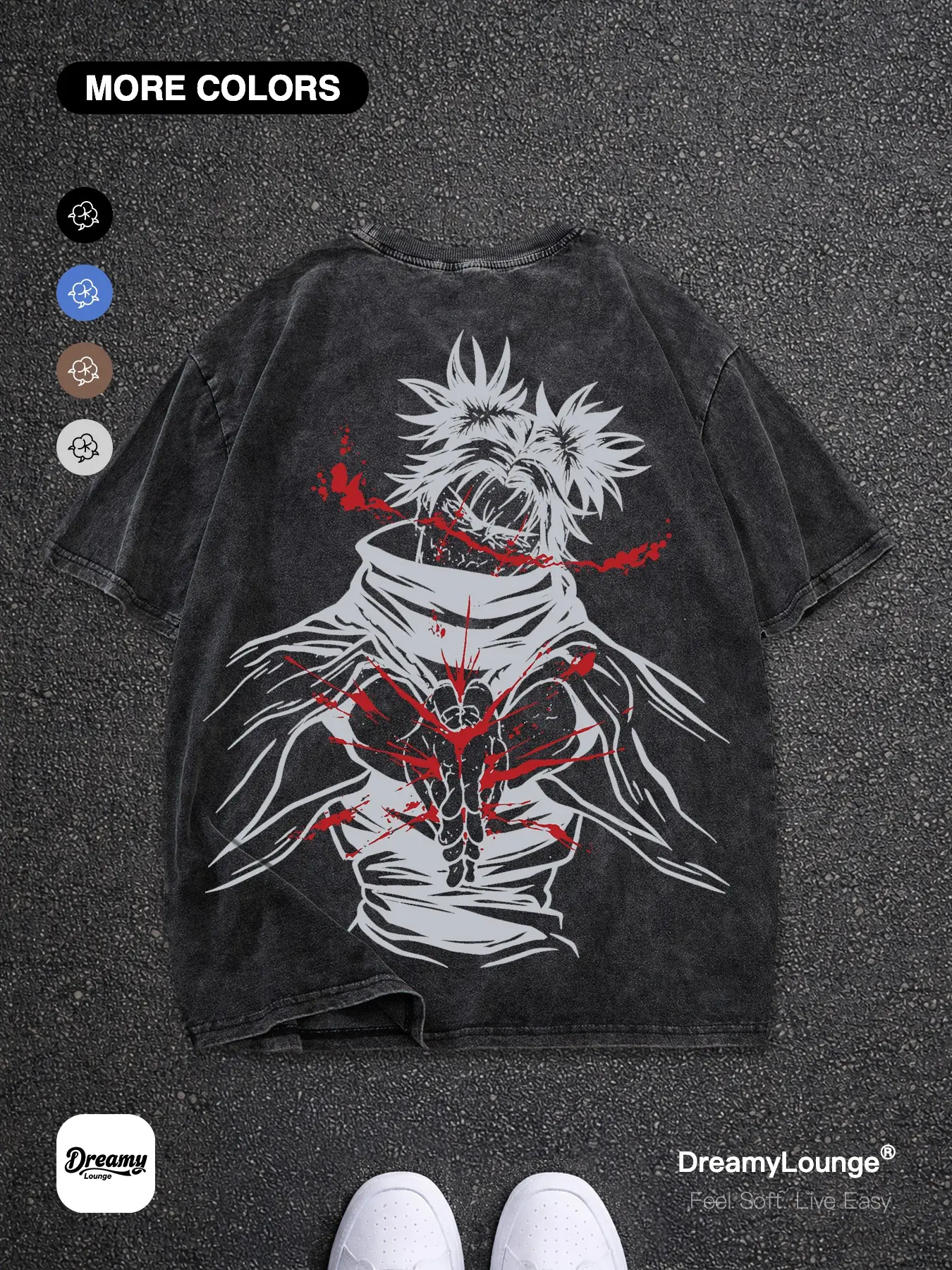 Jujutsu Kaisen Graphic Loose-Fit Short Sleeve Top, 100% Cotton, Vintage Wash Style, Breathable Streetwear Casual Wear for Daily Use at Home or Outdoors
