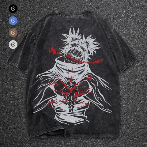 Jujutsu Kaisen Graphic Loose-Fit Short Sleeve Top, 100% Cotton, Vintage Wash Style, Breathable Streetwear Casual Wear for Daily Use at Home or Outdoors, Graphic Cotton Tee