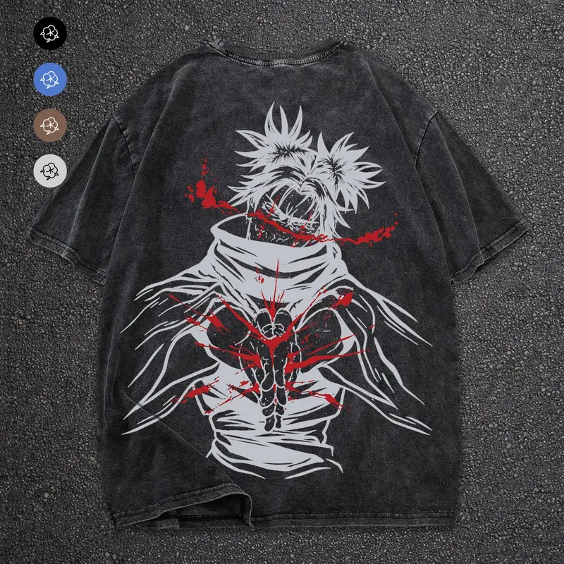 Jujutsu Kaisen Graphic Loose-Fit Short Sleeve Top, 100% Cotton, Vintage Wash Style, Breathable Streetwear Casual Wear for Daily Use at Home or Outdoors, Graphic Cotton Tee