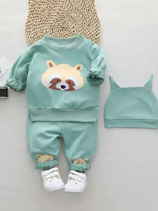 2PCS Baby Cartoon Small Weasel Pattern Round Neck Long Sleeve Shirt and Pants Set with Hat, Casual Fitted Spring & Fall Baby Clothing
