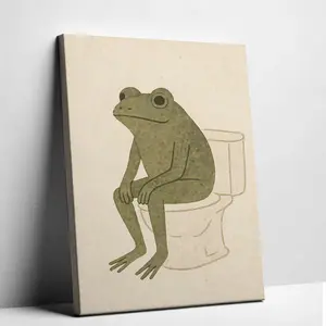 Funny Frog Toilet Canvas Wall Art, Vintage Cartoon Bathroom Print, Quirky Animal Decor for Bathroom, Kitchen or Dorm
