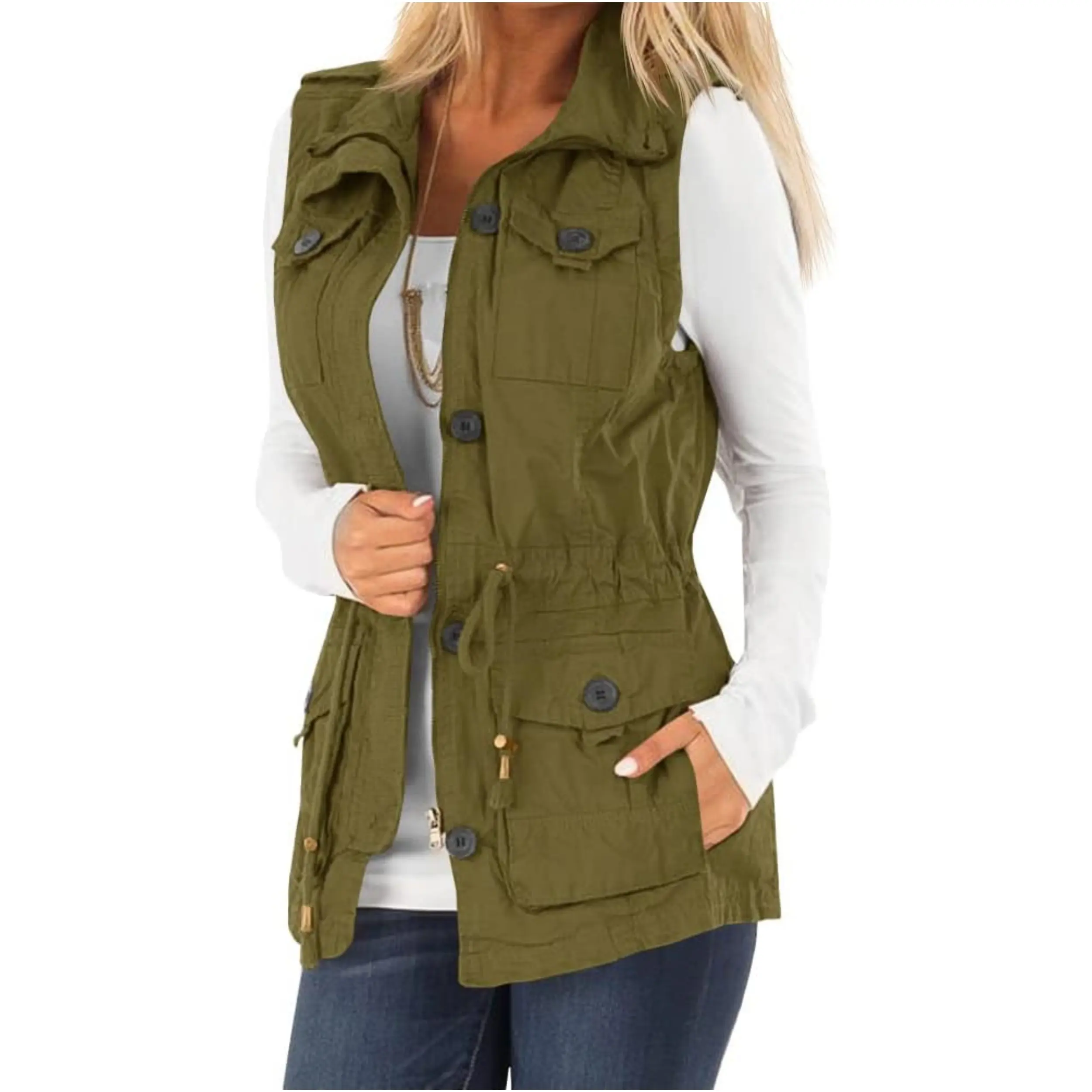 Women's Casual Military Utility Vest Lightweight Sleeveless Drawstring Jackets with Pockets