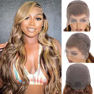 Aaliweya 4/27 Ombre Honey Blonde Highlight Body Wave Human Hair Wig 28Inch 13×4 HD Transparent Lace Front Glueless Pre Plucked 180% Density Wigs For Black Women