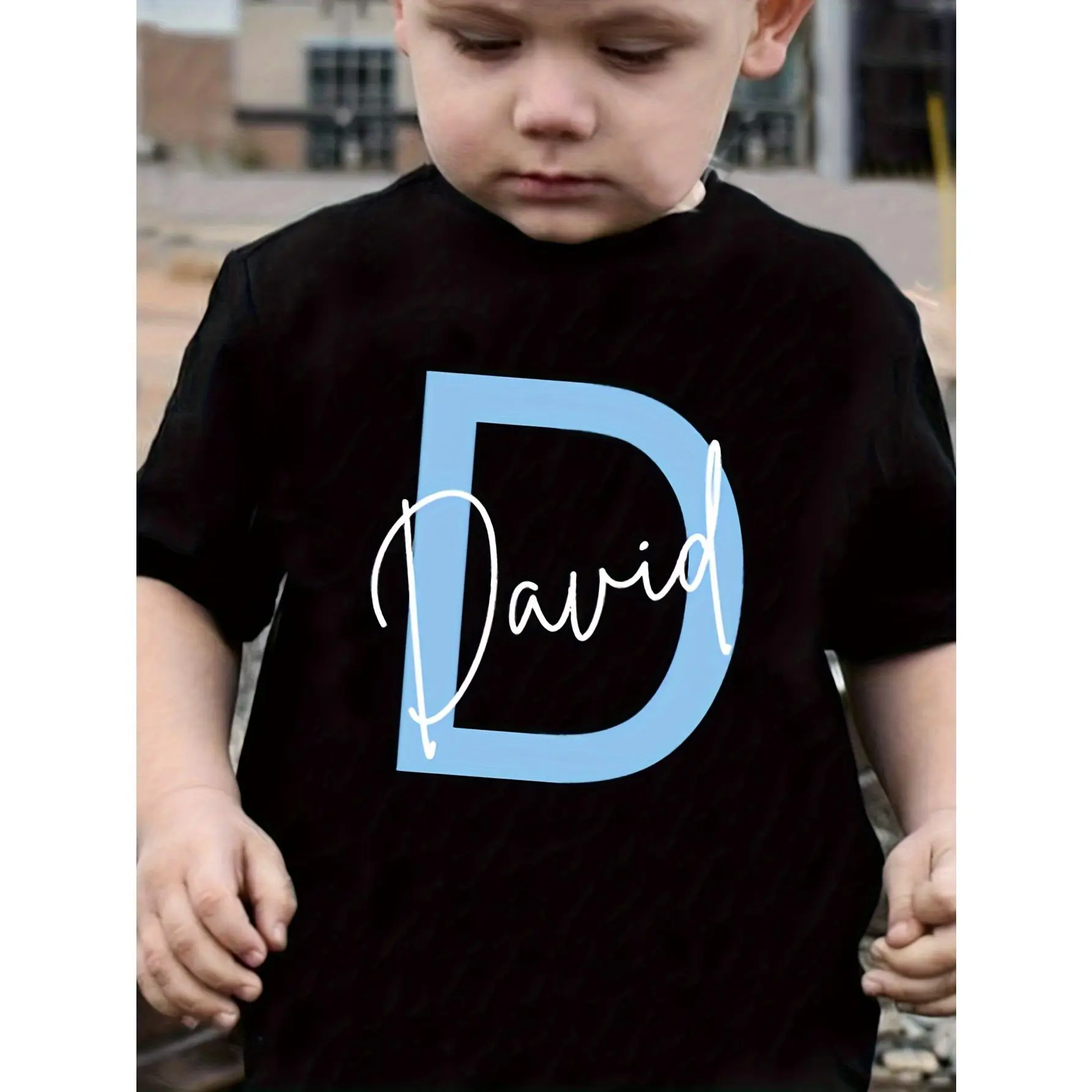 Boys' Personalized Graphic Tee with Custom Name, Casual Alphabet Print Polyester Top for Kids' Spring Summer Wear, Graphic Tees, Crew Neck, Short Sleeve Tops, Figure, Knit Fabric