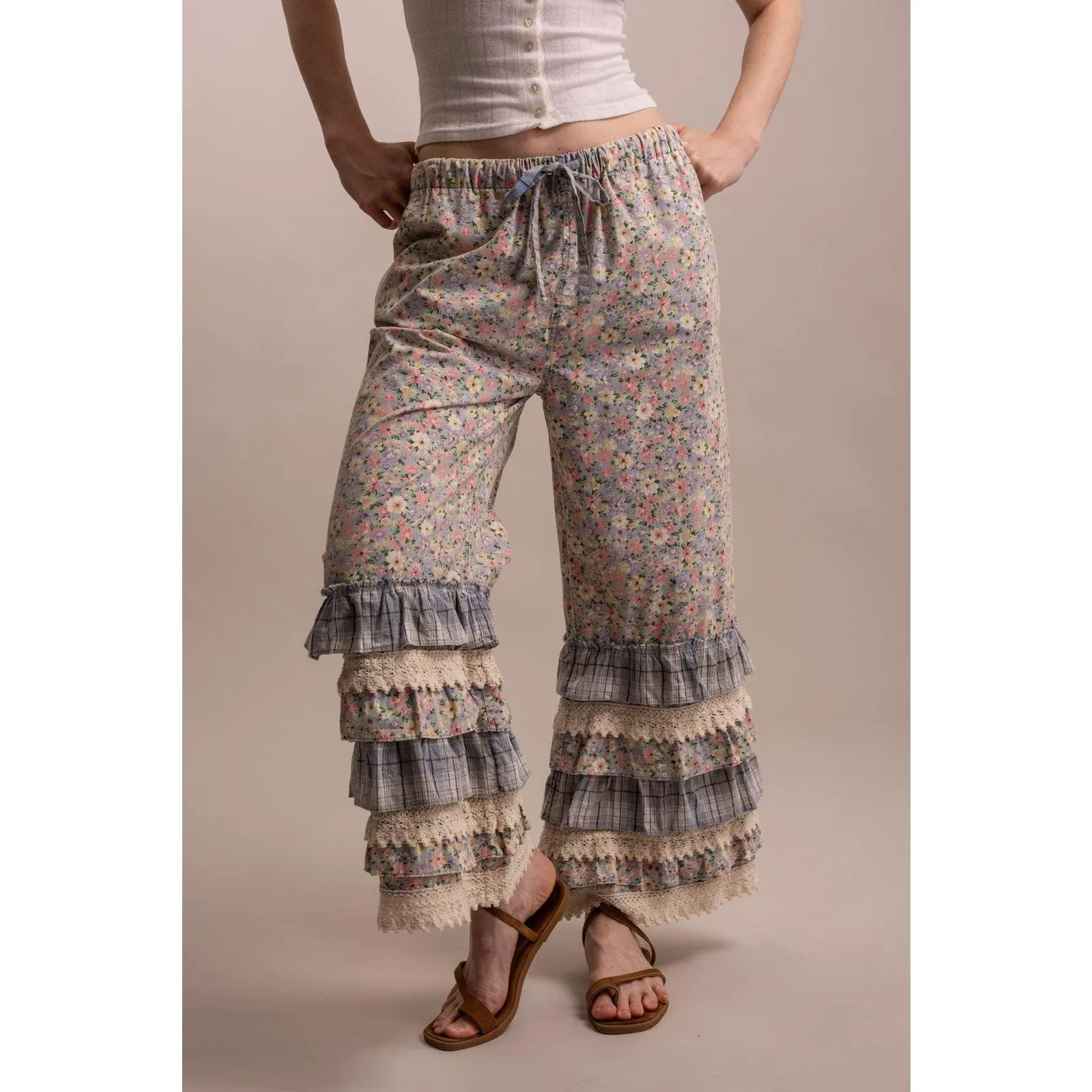 Flower Print Ruffle Layered Hem Pants