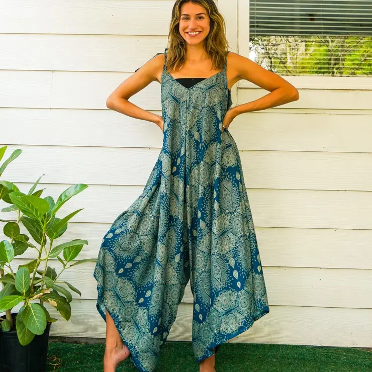 Teal Paisley Boho Yoga Jumpsuit Rompers Pants with Pockets