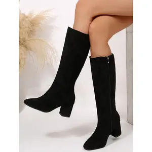 Women’s beige suede knee-high boots featuring a fashionable side zipper and a block heel—versatile footwear for both casual and dressy occasions; stylish autumn and winter boots.