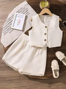 Girls 2-Piece Set with Button Design Vest and Matching Shorts, Fashionable Simple Style for Daily Wear, Outings, Vacations, Parties, Children