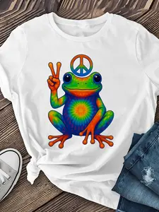 Free-Themed Frog Print Women'S Short-Sleeved Shirts, Women'S Clothing, Spring And Summer Casual Short-Sleeved T-Shirts, Patterned Printed Round-Neck T-Shirts, Regular Lengths
