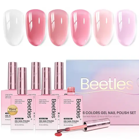 Beetles HEMA-Free Jelly Gel Nail Polish Set (6*15ml, 90ml Total) - Neon Bubbles UV Light Gel, Decorative Art Formula, Translucent Designs, Cuticle Treatment, #Springtok Easter Gift Nail Products