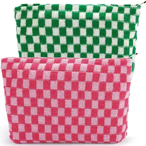 ZLFSRQ 2Pcs Checkered Makeup Bag for Women Large Capacity Cosmetic Bag Set Travel Makeup Pouch for Purse Zipper Toiletry Organizer Cute Y2K Aesthetic Trendy Makeup Brushes Storage Bag(Pink/Green)