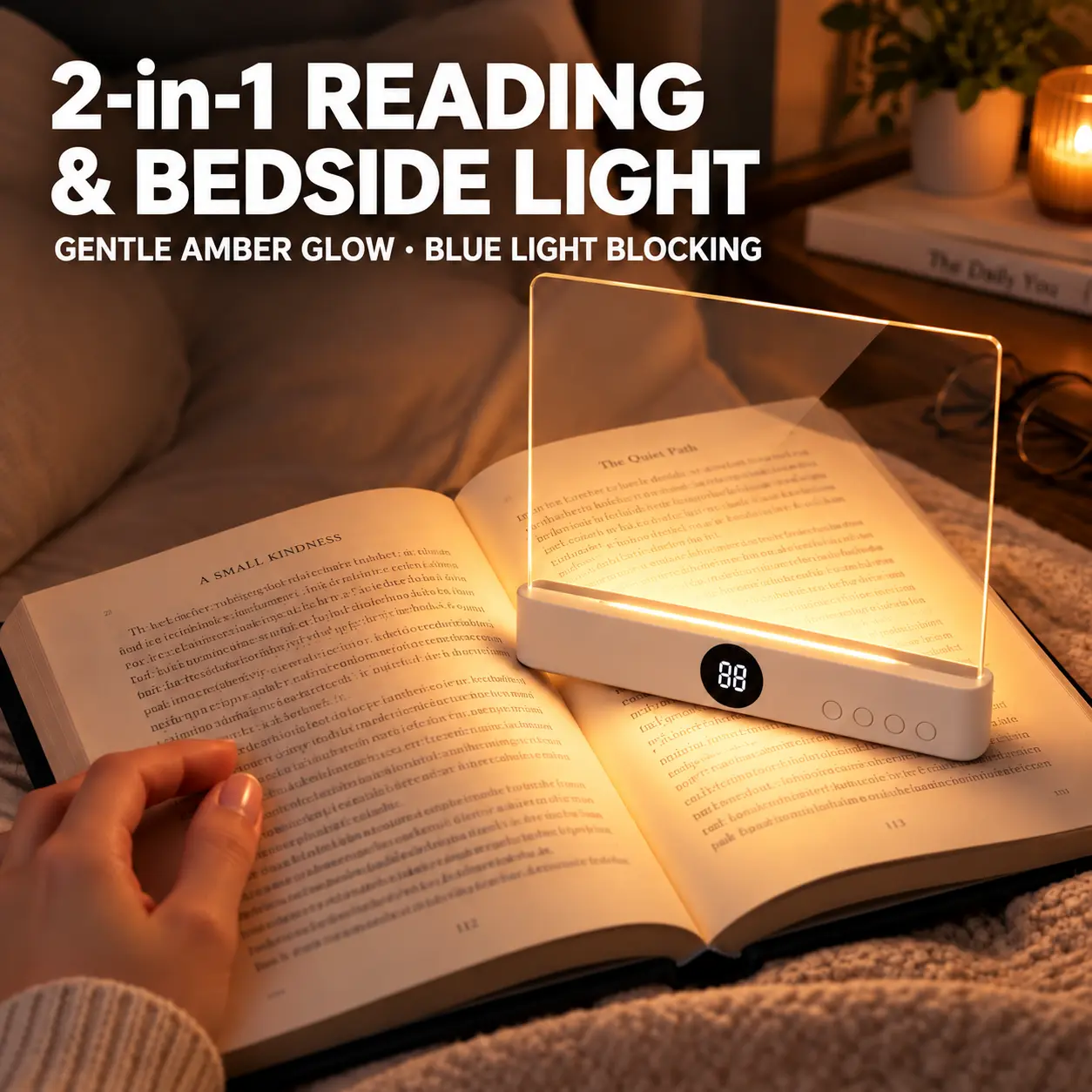 Amber LED 2-in-1 Book Light & Bedside Lamp, 1200mAh Eye-Kind LEDs Blue Light Blocking Portable Design Full Page Panel Reader, Auto Shut-Off Timer for Night Desk