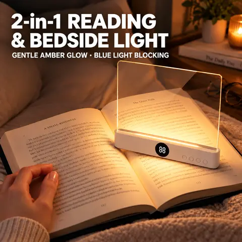 Amber LED 2-in-1 Book Light & Bedside Lamp, 1200mAh Eye-Kind LEDs Blue Light Blocking Portable Design Full Page Panel Reader, Auto Shut-Off Timer for Night Desk