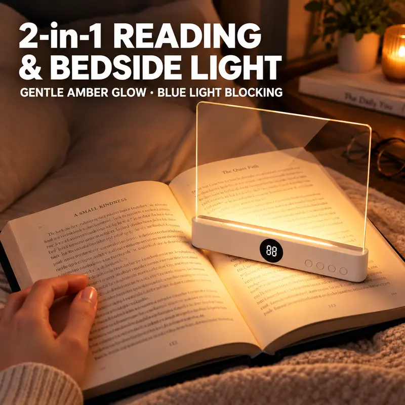 Amber LED 2-in-1 Book Light & Bedside Lamp, 1200mAh Eye-Kind LEDs Blue Light Blocking Portable Design Full Page Panel Reader, Auto Shut-Off Timer for Night Desk