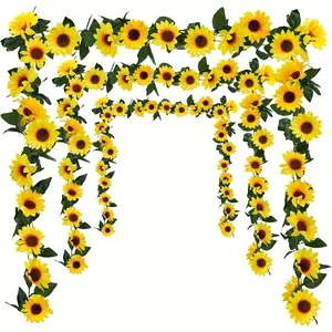 3 Pack Artificial Sunflower Garland with Green Leaves for Room Kitchen Garden Birthday Wedding Party Table Decor Hanging Vines Flowers Lifelike Silk and Plastic Material Ornaments Decoration