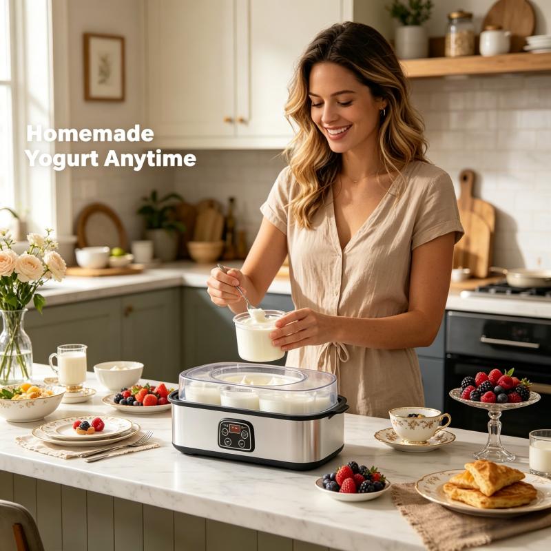 8 cans of fully automatic yogurt machine with adjustable temperature and 48 hour time control for fresh homemade yogurt desserts, LED display screen, multifunctional electric yogurt machine