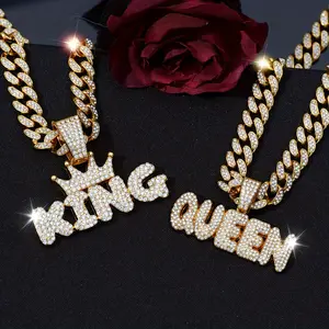2 PCs Set/New Punk Hip Hop Chain for Couple Crown King and Queen Letter Pendant Chain Frozen Cuban Link Chain Necklace Jewelry Gift for Boyfriend and Girlfriend