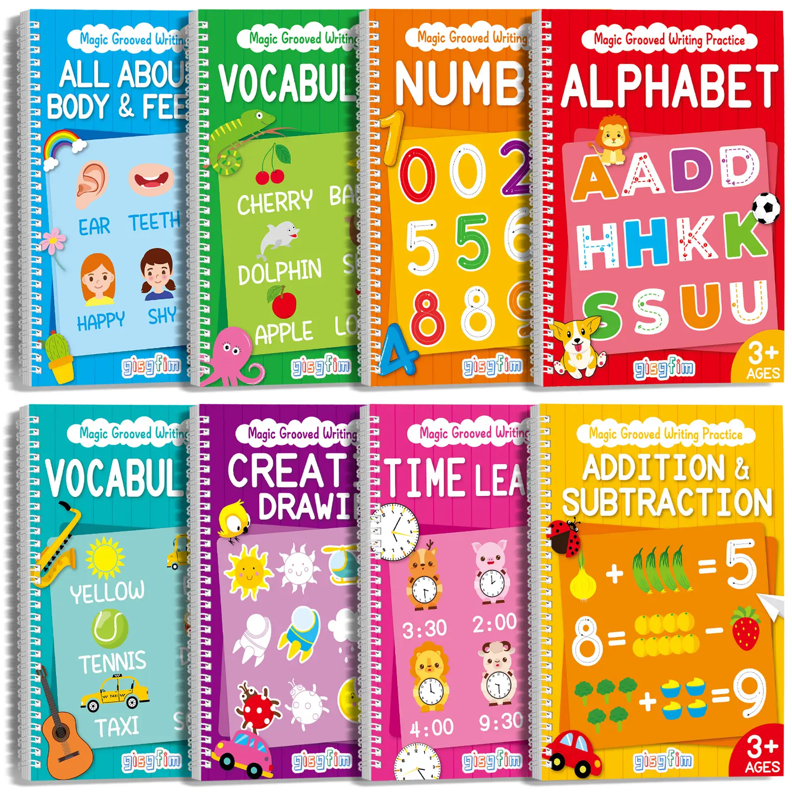 GISGFIM 8 Pieces Magic Grooved Writing Practice Books Disappearing Ink Pens Reusable Groove Workbooks Tracing Handwriting Practice copybooks Without T