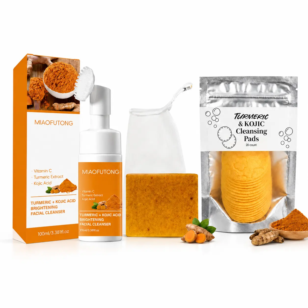 3-in-1 Turmeric Cleansing & Care Set, 3-Piece Facial Skincare Kit with Turmeric Cleansing Mousse, Turmeric Pads and Turmeric Soap for Daily Cleansing & Care