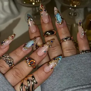 J2 Nailed by Vibe - Luxury Nude Press On Nails with Gold Framed Gemstones, Pearl & Crystal Accents, Blue Stone Details, High Gloss Finish, Handmade Statement Nail Art, Reusable Designer Nails, Gift for Her