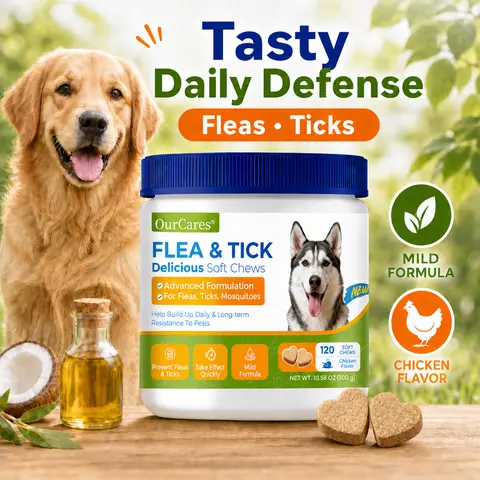 OURCARES Collar-Free Flea & Tick Prevention Soft Chew Treats for Dogs - 120 Count (60 Soft Chews), Plant-Based Health Supplements with Vitamins, Probiotics, Coconut Oil, Flaxseed, Fish Oil, Gluten-Free, 2-4 Weeks Supply, Universal for All Breeds & Ages