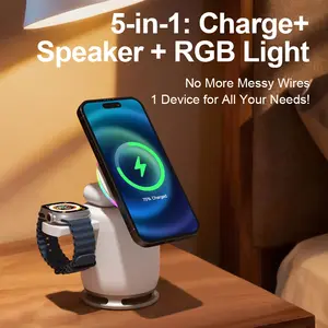 3-in-1 Wireless Charger with Bluetooth Speaker Fast Charging Station for iPhone Apple Watch AirPods Qi2 Certified RGB Mood Light Multi-Device Power Hub for Home Office Desk Decor