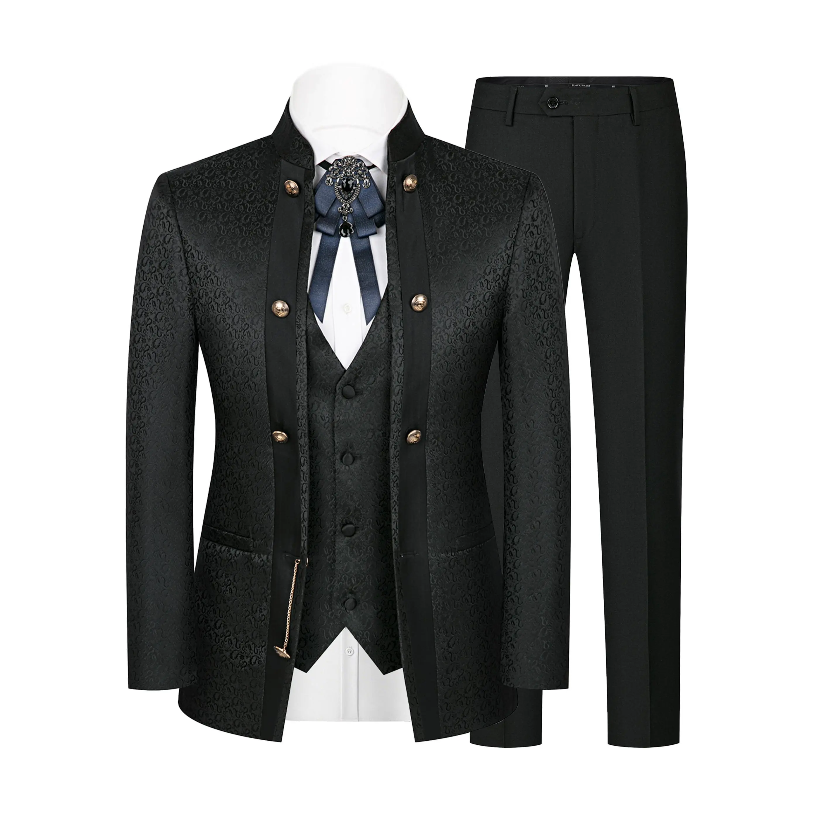 Chic Jacquard Men's Formal Wear - 3-Piece Gentleman Style Set with Mandarin Collar Jacket, Vest & Pants - Includes Bow Tie