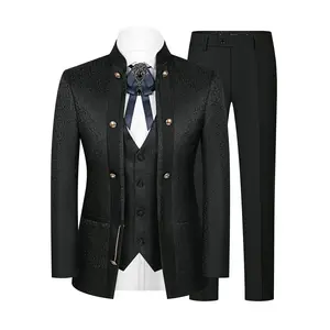Regal Mandarin Collar Suit | 3-Piece Set + Free Bow Tie | Wedding & Gala Attire Slim Fit Matching