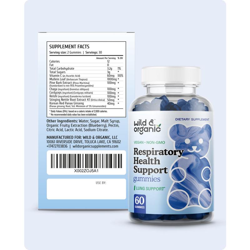Wild & Organic's Lung Detox Gummies - 1000 mg Mullein Gummies for Lungs Cleanse - Natural Supplements with Mullein Leaf Extract and Mushroom Blend - 60 Vegan, Non-GMO Chews
