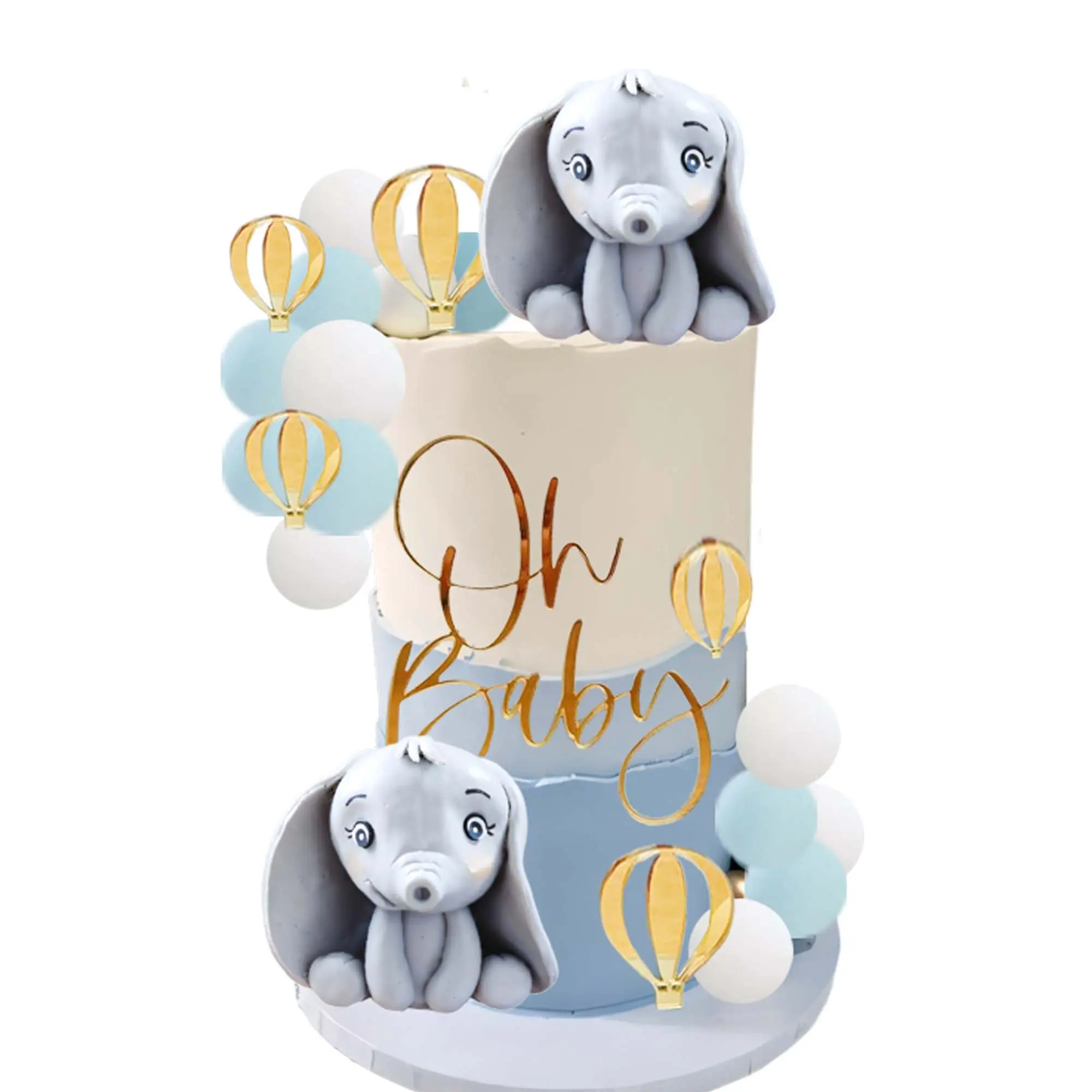 Elephant Cake Toppers, Qoadwem 21 pcs Elephant Cake Topper For Baby Shower With Oh Baby Elephant Cake Topper Blue White Hot Air Balloon for Elephant Theme Baby Shower Birthday Cake Decorations
