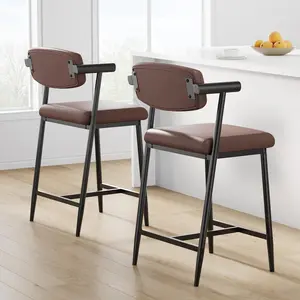 Garvee 2-piece set bar stools with PU leather seat cushions and metal frame, dining chairs with backrest, high stools with footrests and armrests, for dining room and living room, 49 x 48 x 94 cm