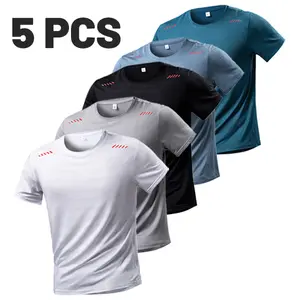 Men's 5-Pack Quick-Dry T-Shirts: Crew Neck Shoulder Red Accent Short-Sleeve Activewear
