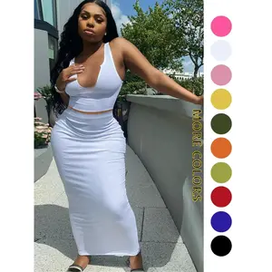 Two-Piece Set Women's Solid Notched Neck Crop Tank Top & High Waist Bodycon Skirt Set, Back To School Outfits, Casual Sleeveless Top & Long Skirt, Ladies Summer Clothes for Daily Wear