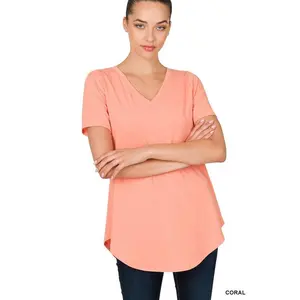 SHORT SLEEVE V-NECK ROUND HEM TOP
