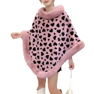Luxurious Faux Fur Poncho with Heart Pattern - Perfect for Chilly Days - Women's Fashion Accessory Casual Fabric Womenswear Coats Jackets Polyester Tops Baggy Black- Long Sleeve Loose Oversize colorful pattern scarf head wrap poncho