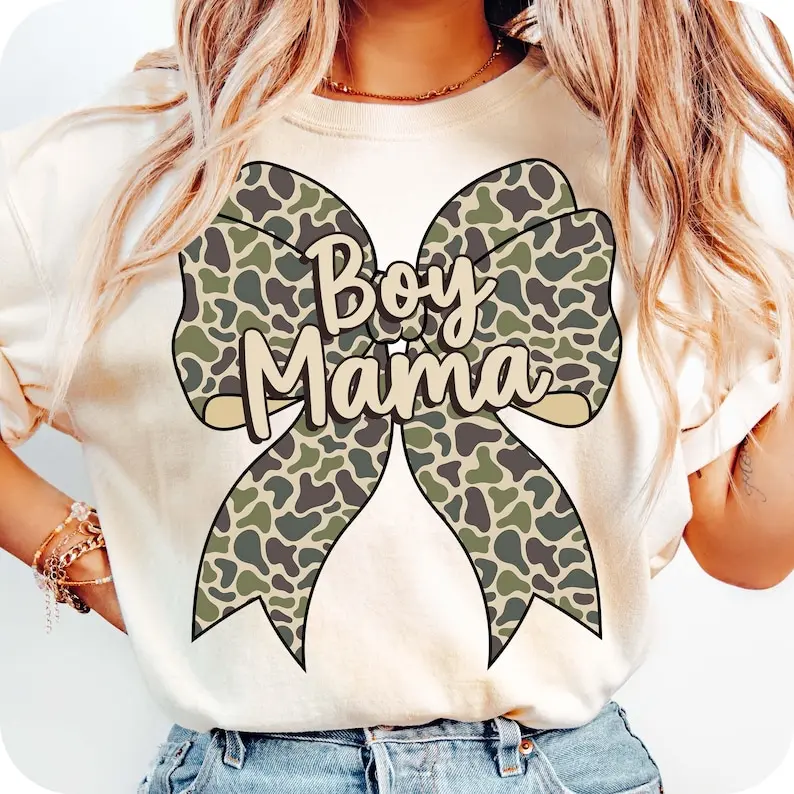 Boy Mama Camo Coquette Bow T-shirt, Boy Mama Sweatshirt, Camo Coquette Tee, Mom Of Boys Shirt, Mothers Gift, Mama Camo Bow T-shirt