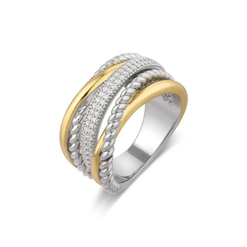 Aprilery Elegant Twisted Cable CZ Wire Band Ring Jewelry Gift - Two Tone Vintage Sparkling Cubic Zirconia Layered Statement Ring for Women
