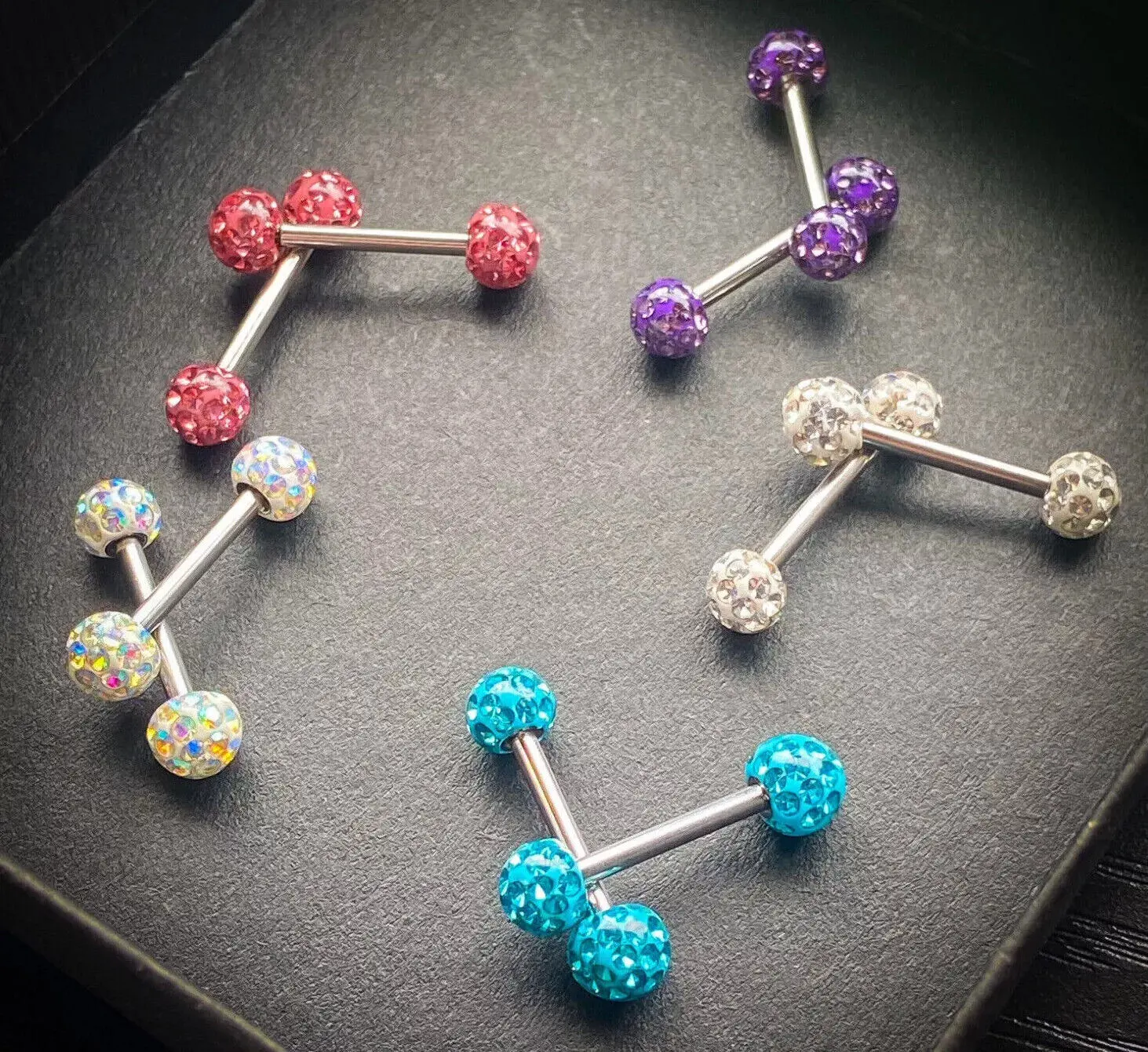 PAIR Epoxy Coated Crystal Paved Balls Nipple Rings Tongue Barbells Int. Threaded